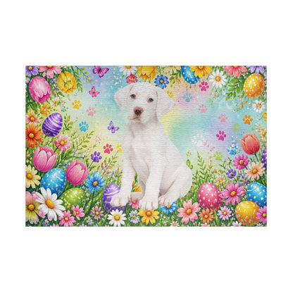 Great Dane (White) Easter Puppy Puzzle - Spring Garden with Eggs, Tulips, and Daisies