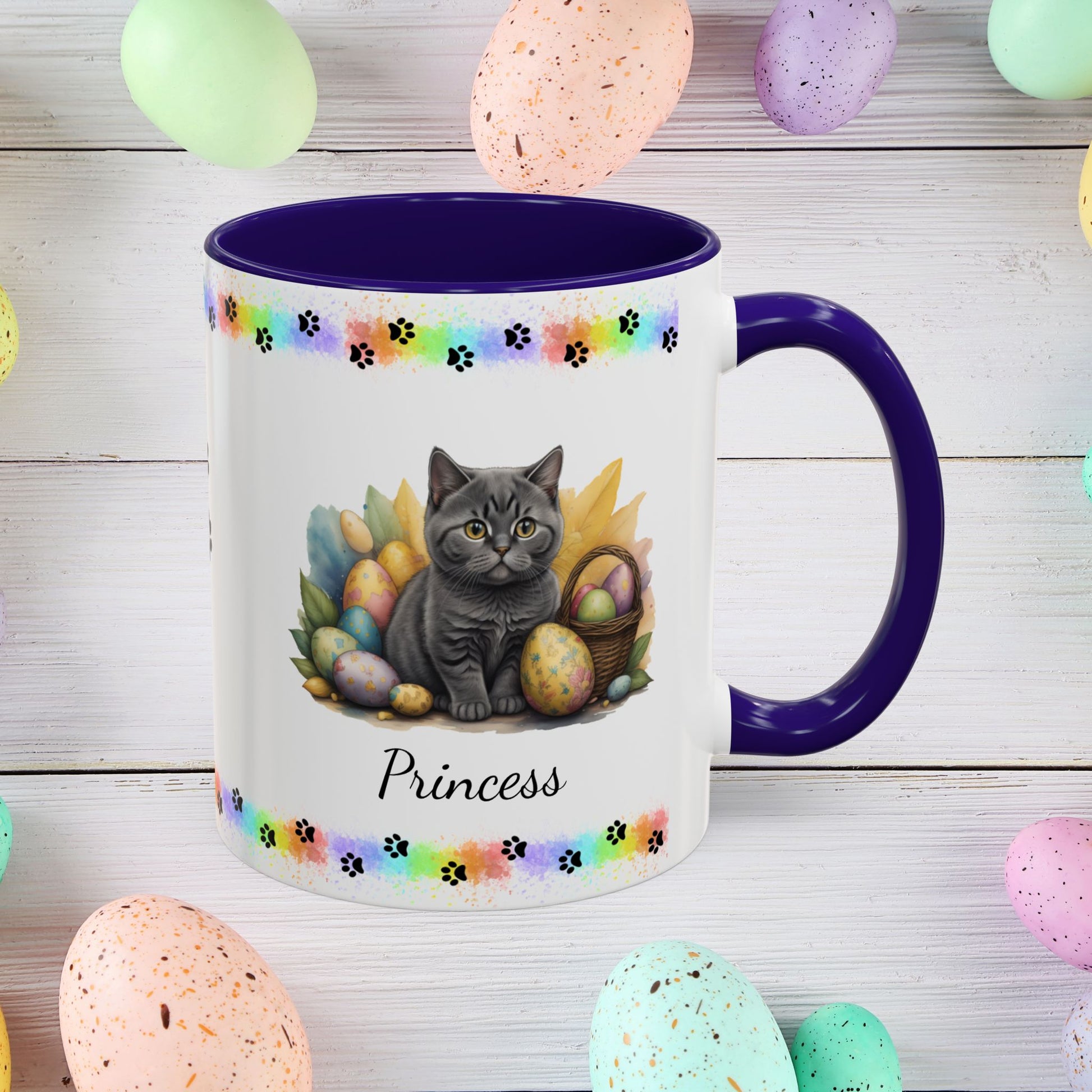 British Shorthair: Personalized Easter Kitten Coffee Mug - Adorable Cat Design, Mental Health Gift, 11oz & 15oz, 12 Color Choices, Easter Gifts & Décor