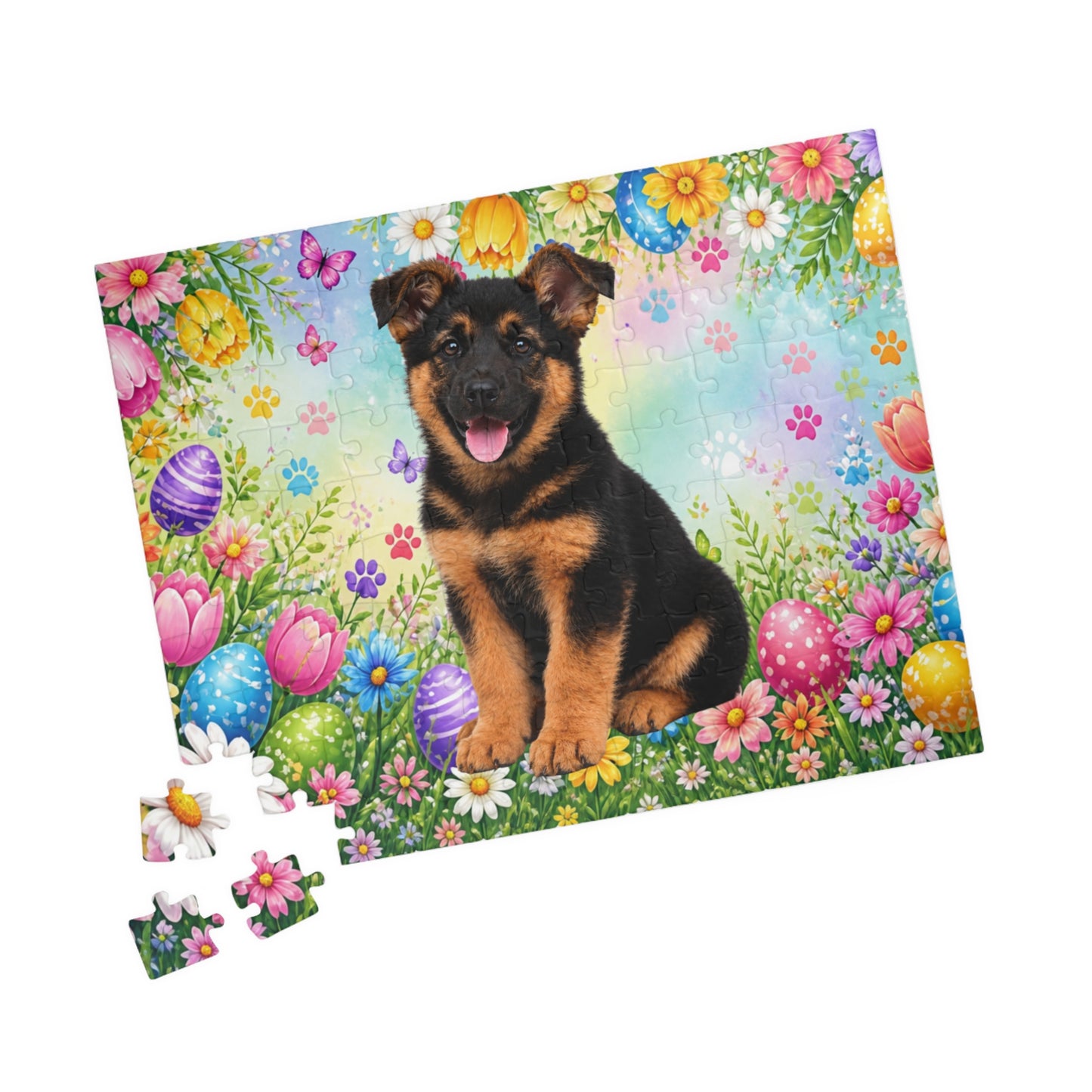 German Shepherd (Black & Red) Easter Puppy Puzzle - Spring Garden with Eggs, Tulips, and Daisies