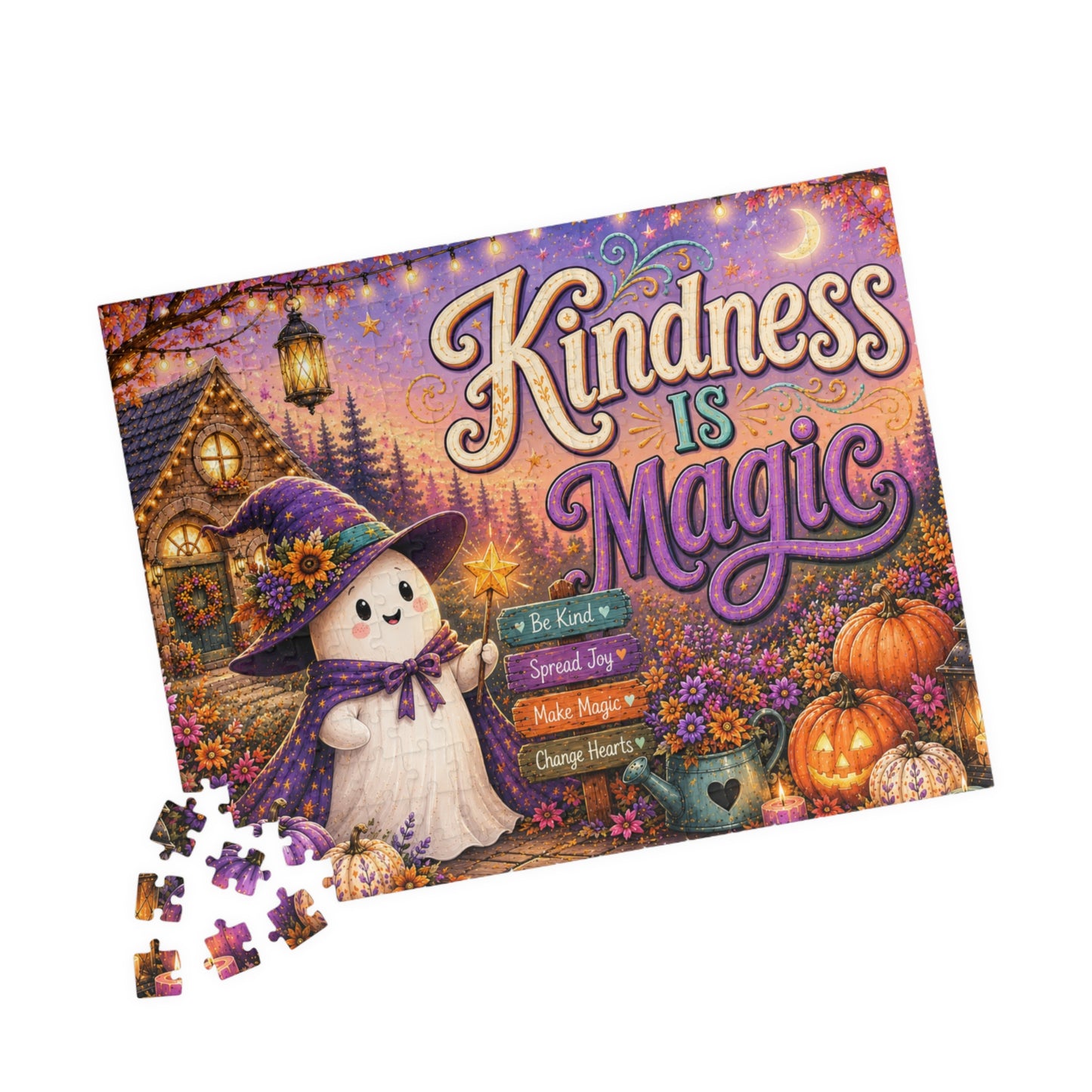 Kindness Is Magic Halloween Puzzle - Witch Ghost with Magic Wand, Purple Pumpkins, and Wildflowers