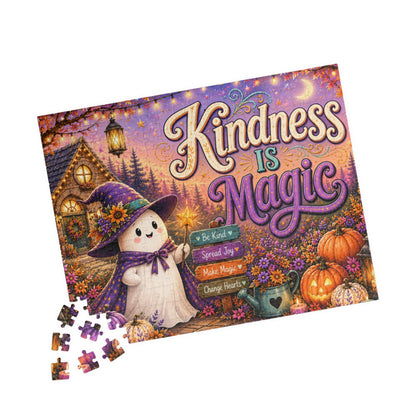 Kindness Is Magic Halloween Puzzle - Witch Ghost with Magic Wand, Purple Pumpkins, and Wildflowers