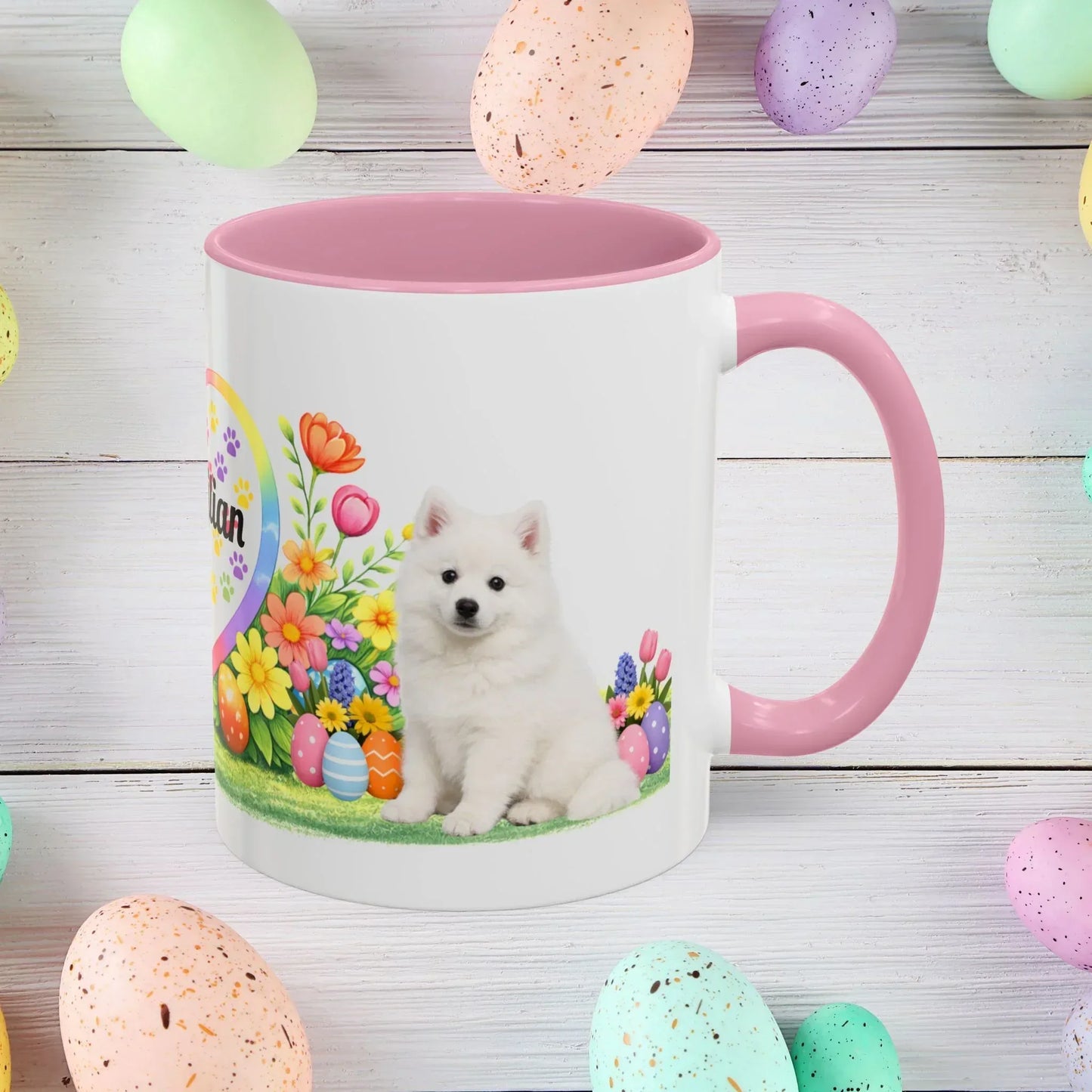 Shop our american eskimo puppy easter mug featuring the 11oz style option from MySisterIsASurvivor.
