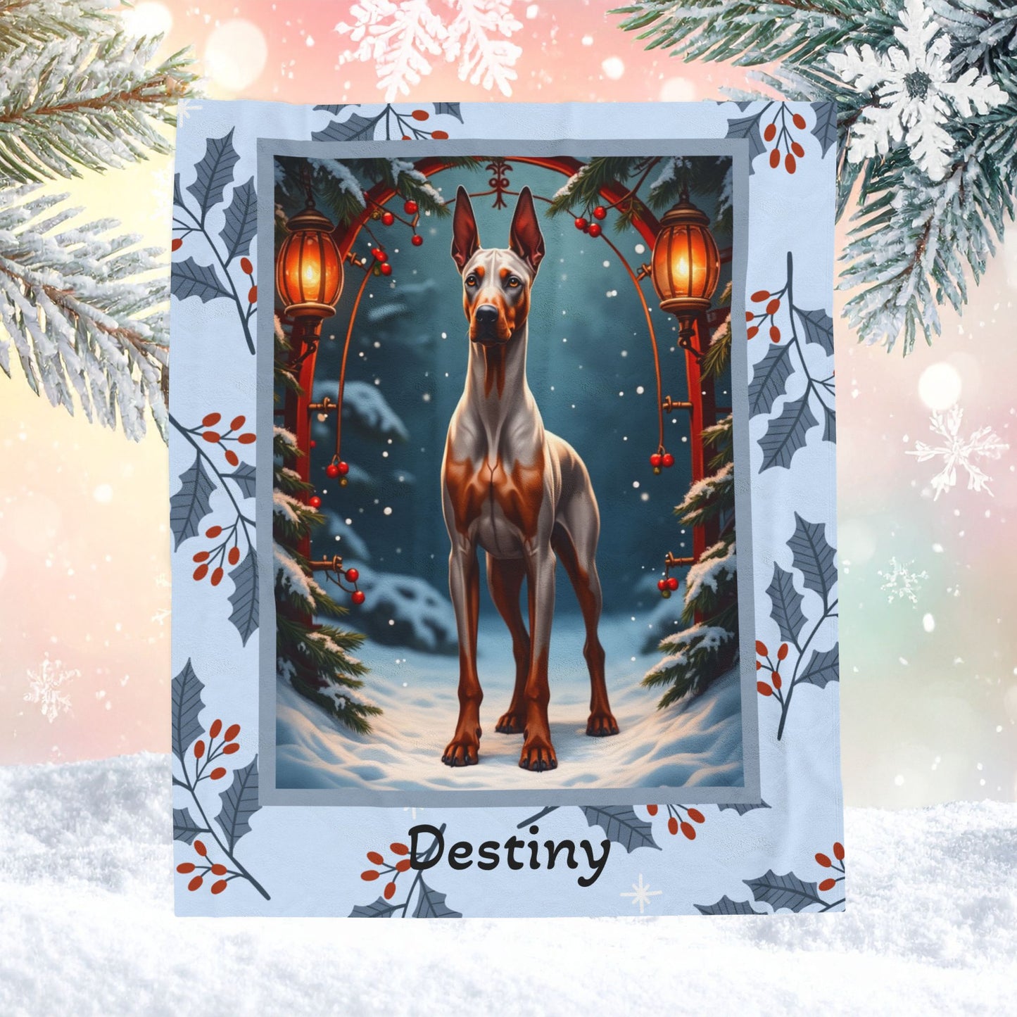 Doberman Fawn and Rust custom winter throw showing a proud Doberman in a cheerful snow-covered lodge setting