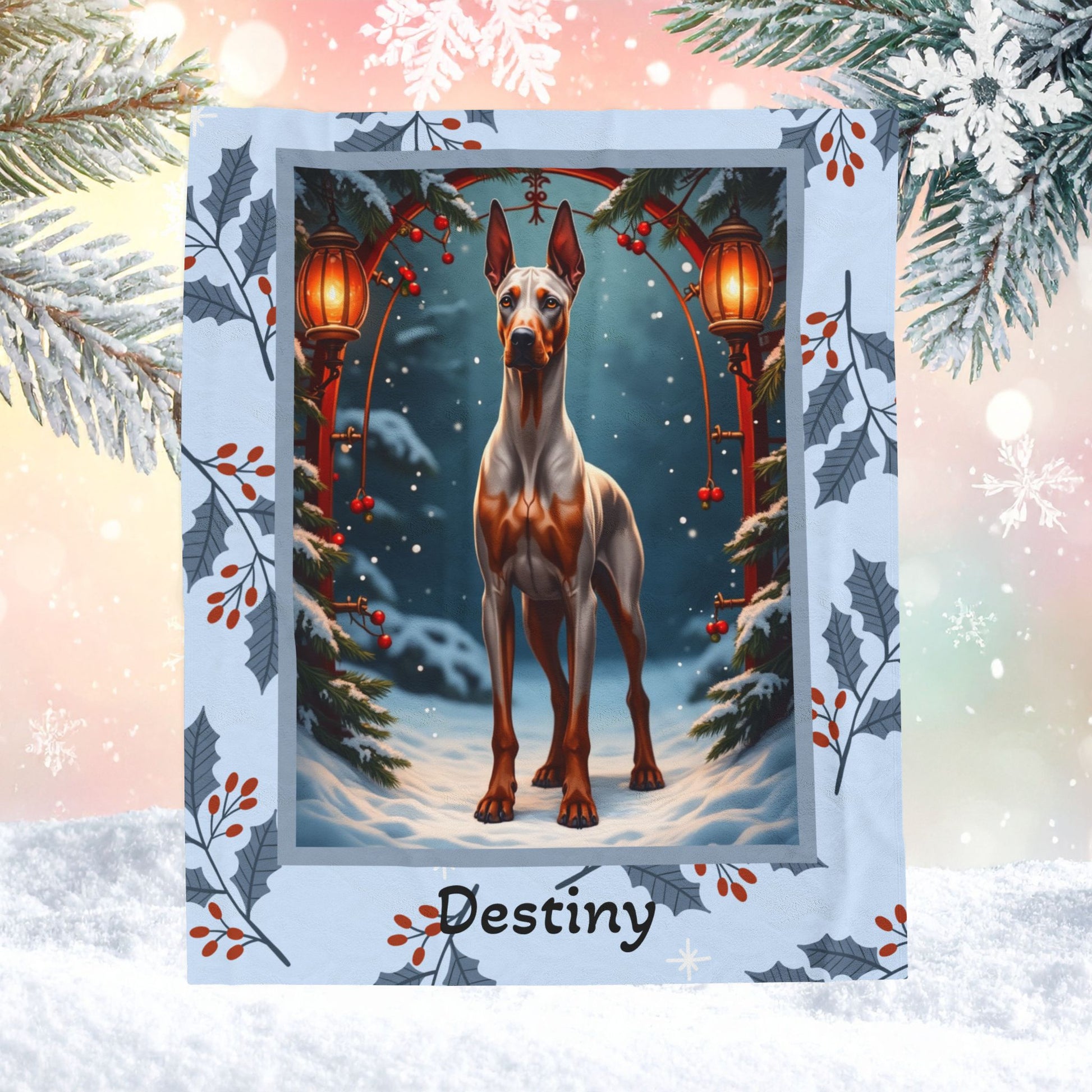 Doberman Fawn and Rust custom winter throw showing a proud Doberman in a cheerful snow-covered lodge setting