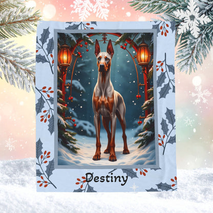 Doberman Fawn and Rust custom winter throw showing a proud Doberman in a cheerful snow-covered lodge setting