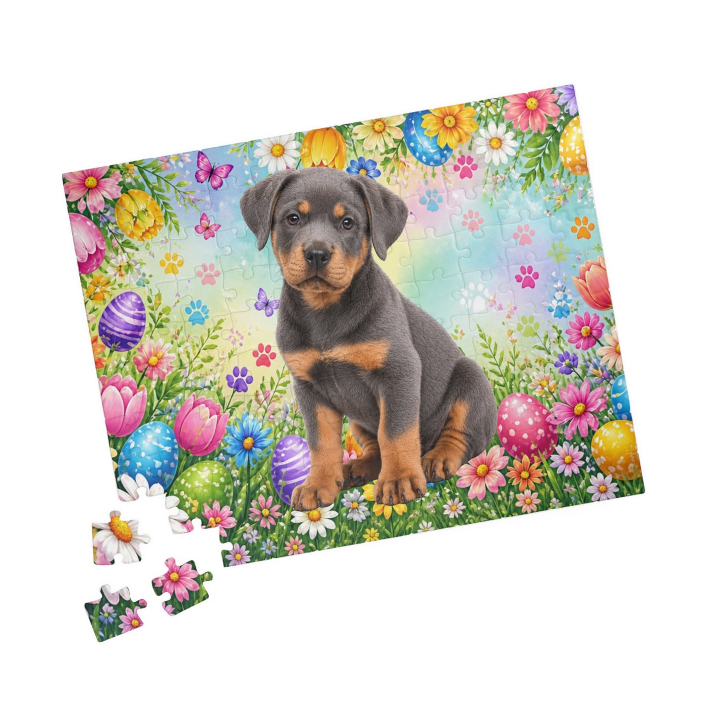 Rottweiler (Blue) Easter Puppy Puzzle - Spring Garden with Eggs, Tulips, and Butterflies