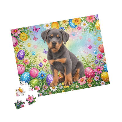 Rottweiler (Blue) Easter Puppy Puzzle - Spring Garden with Eggs, Tulips, and Butterflies