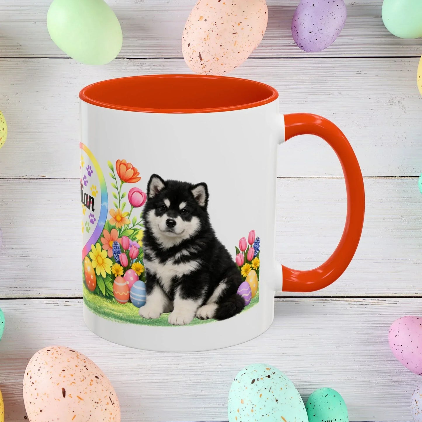 Shop our alaskan malamute black white puppy easter mug featuring the 11oz style option from MySisterIsASurvivor.