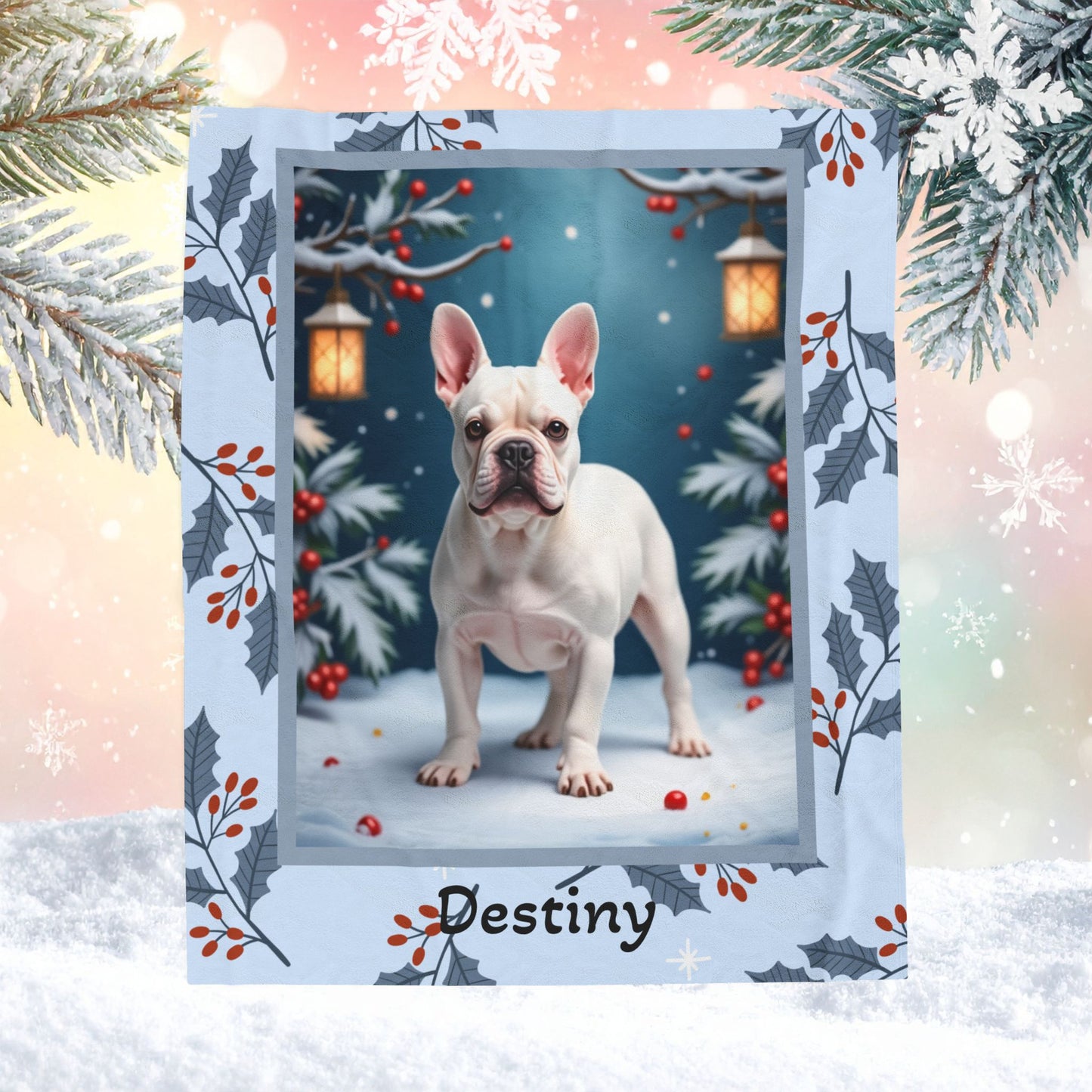 French Bulldog White custom winter blanket featuring a Frenchie in a bright lodge-style winter illustration