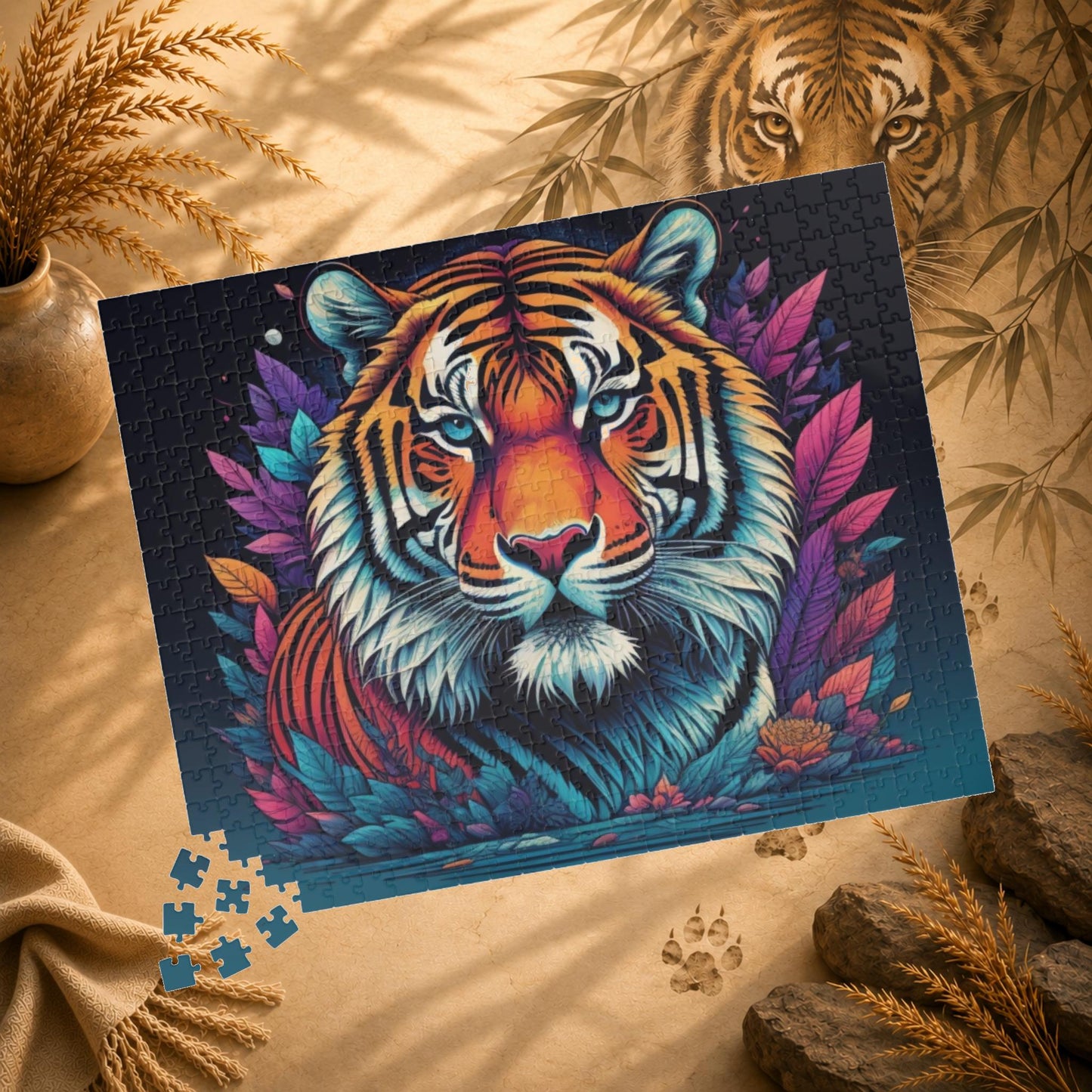 Tiger's Resolve - Jewel-Toned Tiger Puzzle with Tropical Leaves on Dark Navy Background