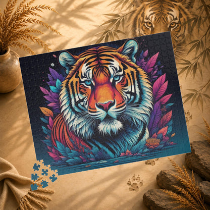 Tiger's Resolve - Jewel-Toned Tiger Puzzle with Tropical Leaves on Dark Navy Background