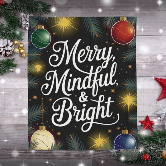 Christmas blanket “Merry, Mindful & Bright” cozy holiday throw for comfort, joy, and mindfulness