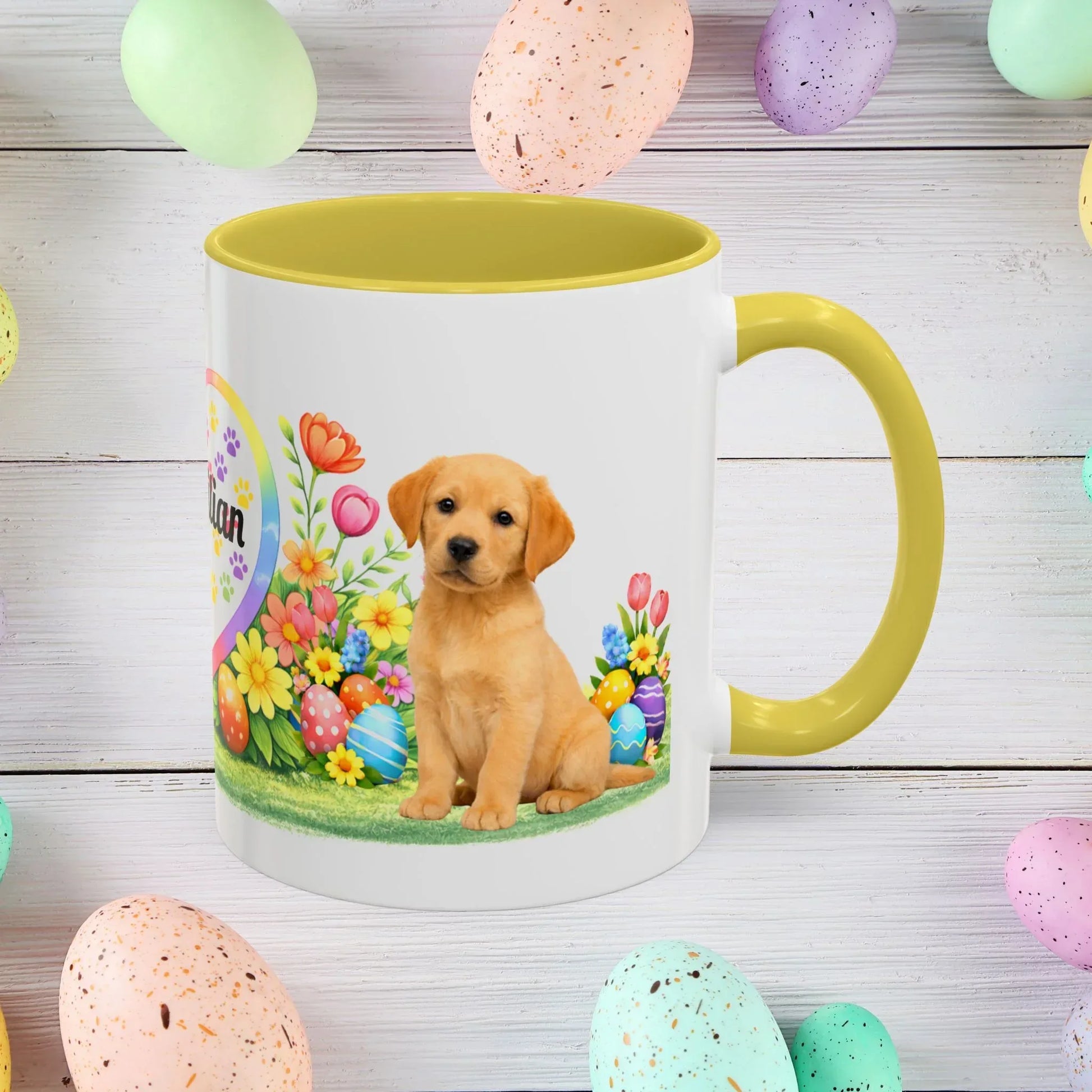 Shop our labrador retriever yellow golden puppy easter mug featuring the 15oz style option from MySisterIsASurvivor.