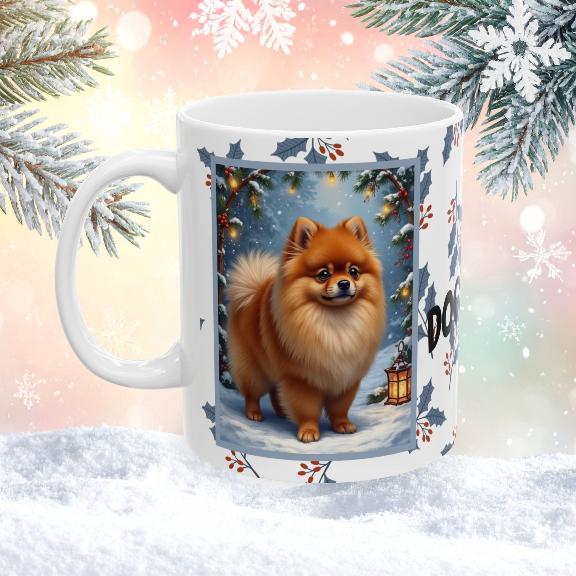 Pomeranian (Orange) Winter Mug - orange pomeranian artwork standing in a cozy winter setting with snow