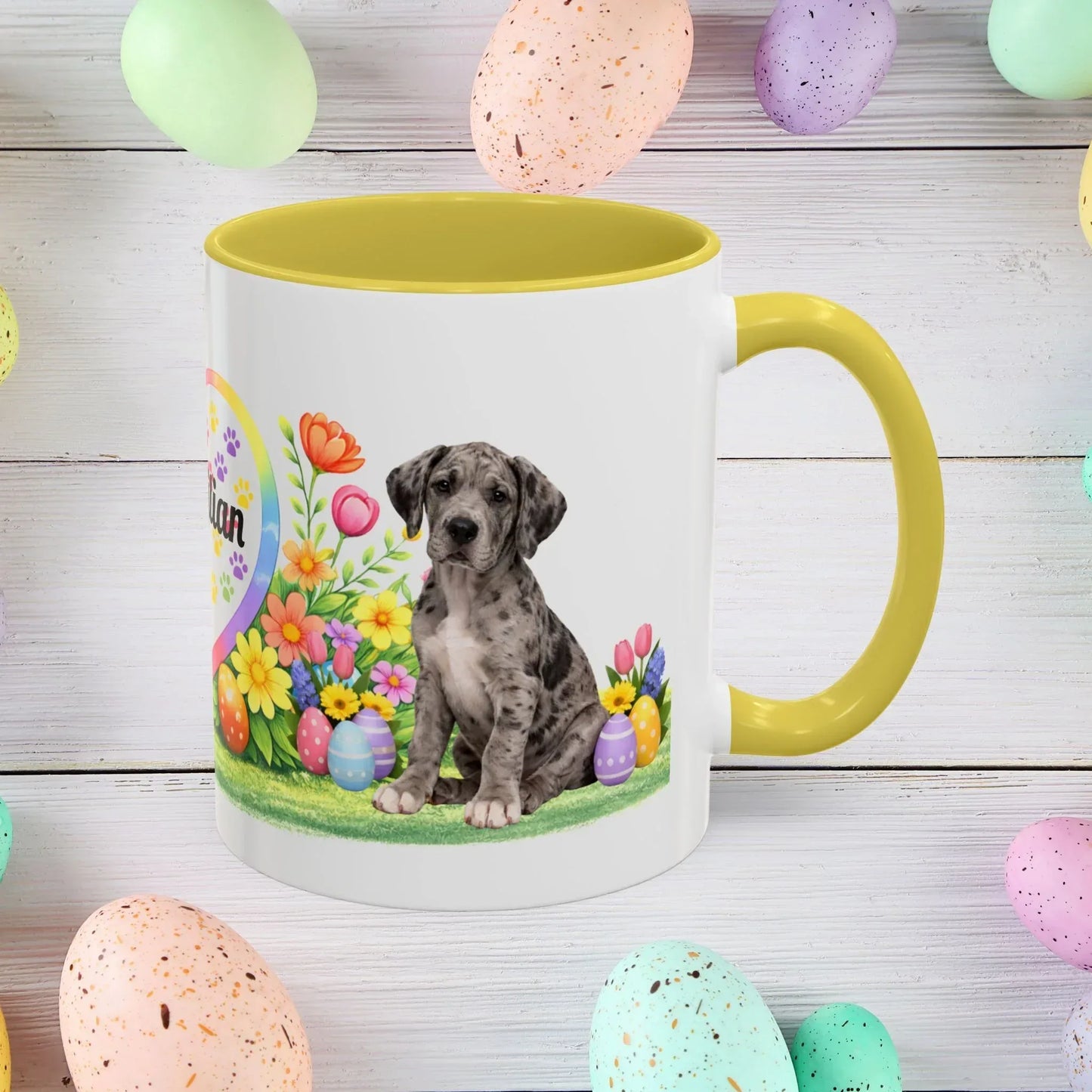Shop our great dane merle puppy easter mug featuring the 15oz style option from MySisterIsASurvivor.