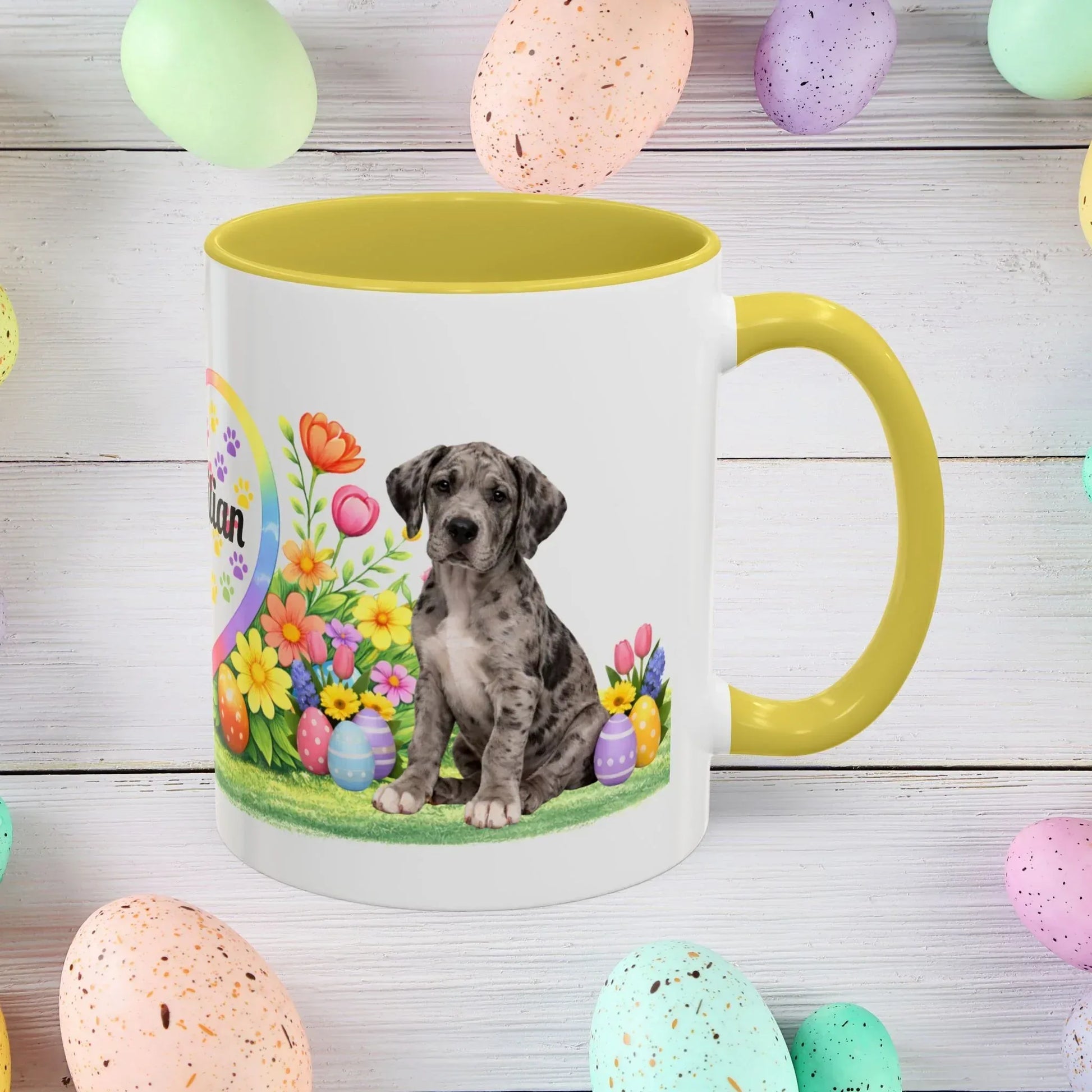 Shop our great dane merle puppy easter mug featuring the 15oz style option from MySisterIsASurvivor.