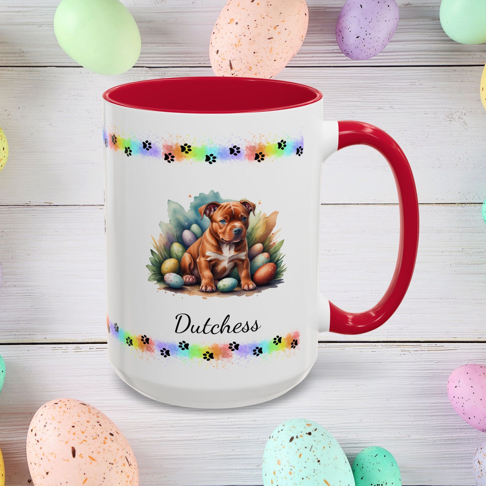 Pitbull (Red): Personalized Easter Puppy Coffee Mug - Adorable Dog Design, Mental Health Gift, 11oz & 15oz, 12 Color Choices, Easter Gifts & Décor