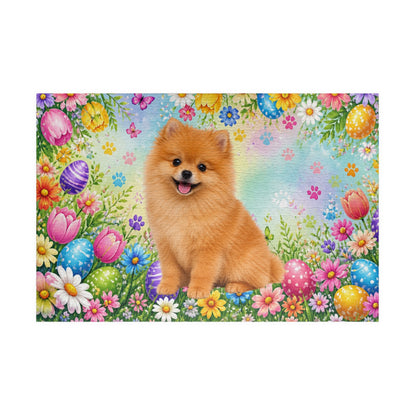 Pomeranian (Orange) Easter Puppy Puzzle - Spring Garden with Eggs, Tulips, and Daisies