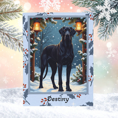 Great Dane Black custom winter blanket featuring a majestic Great Dane in a cozy lodge-style snowy illustration