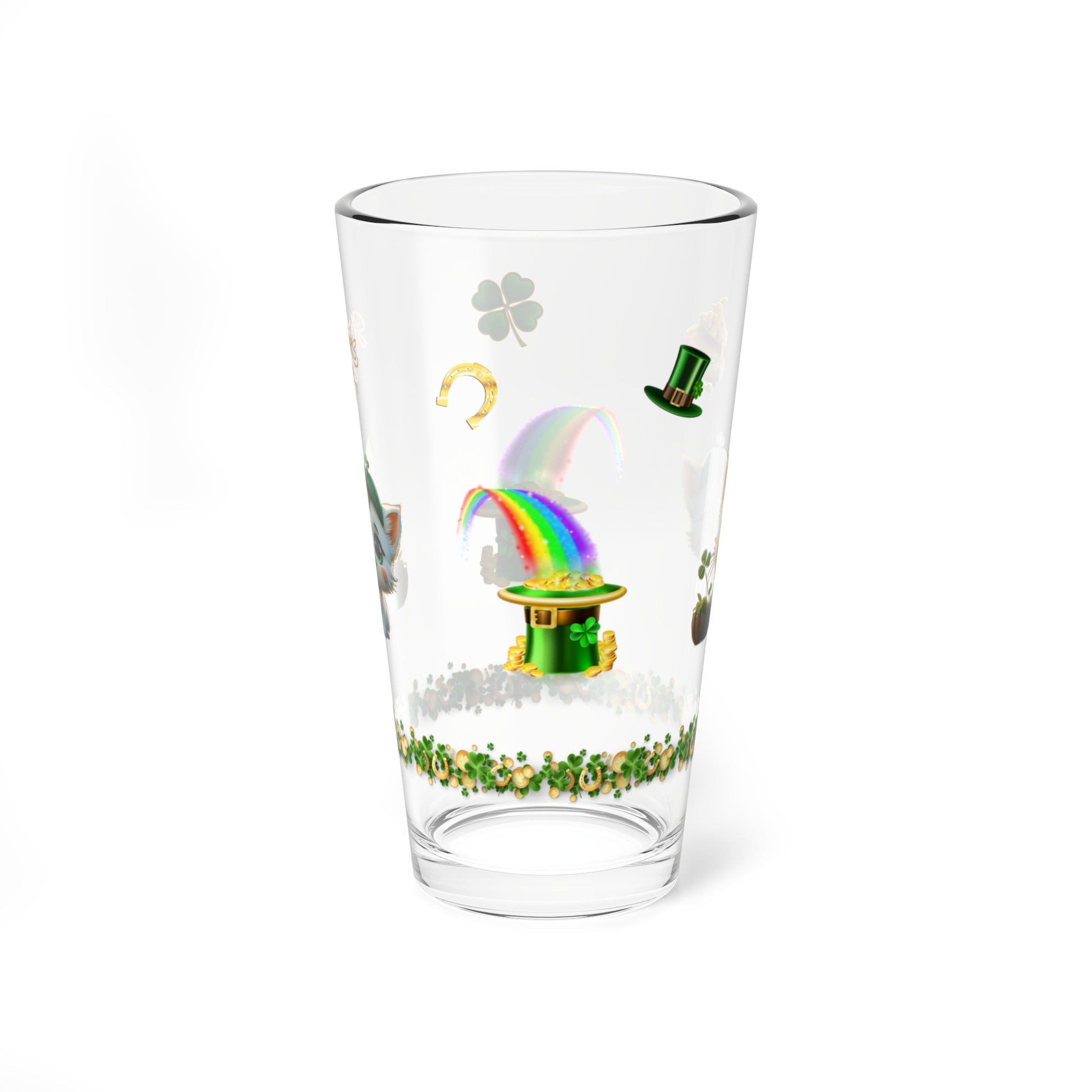 Clover Comfort Cat: Mindful St. Patrick's Day 16oz Pint Glasses - Festive Design for Positivity & Wellness