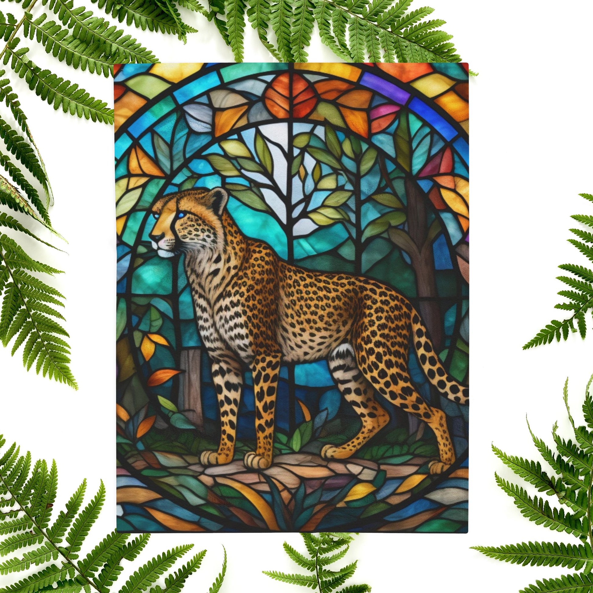 A soft cheetah blanket with stained glass-inspired artwork that adds wild beauty to any space.