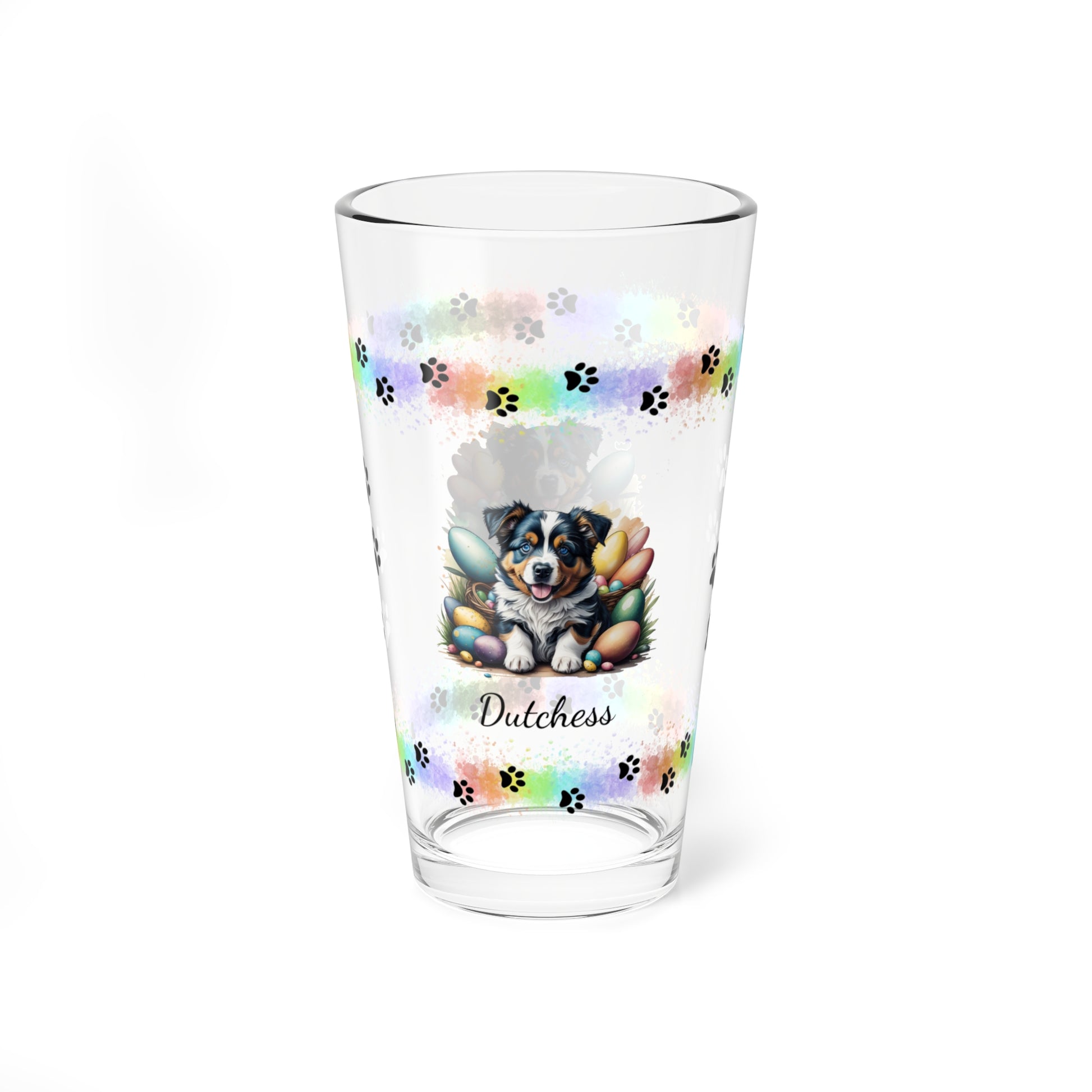 Australian Shepherd Personalized Easter Puppy 16oz Pint Glass - Custom Dog Design, Mental Health Gift, Easter Décor, and Festive Celebrations