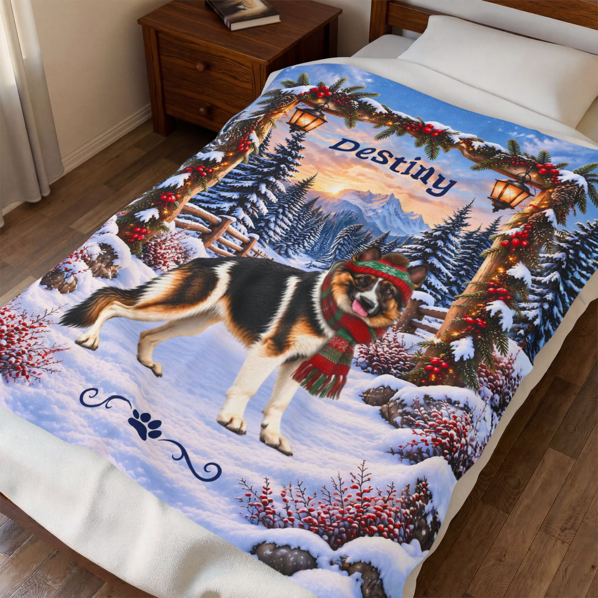 German Shepherd (Panda Piebald Coat) - Personalized Winter Blanket, Custom Name Velveteen Throw - MySisterIsAsurvor