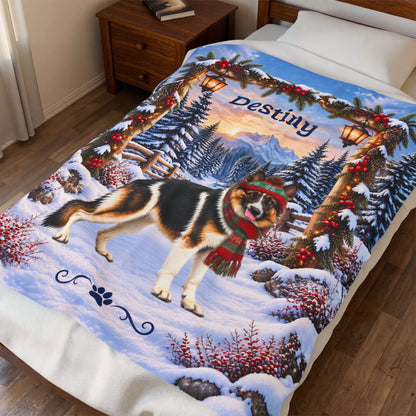 German Shepherd (Panda Piebald Coat) - Personalized Winter Blanket, Custom Name Velveteen Throw - MySisterIsAsurvor