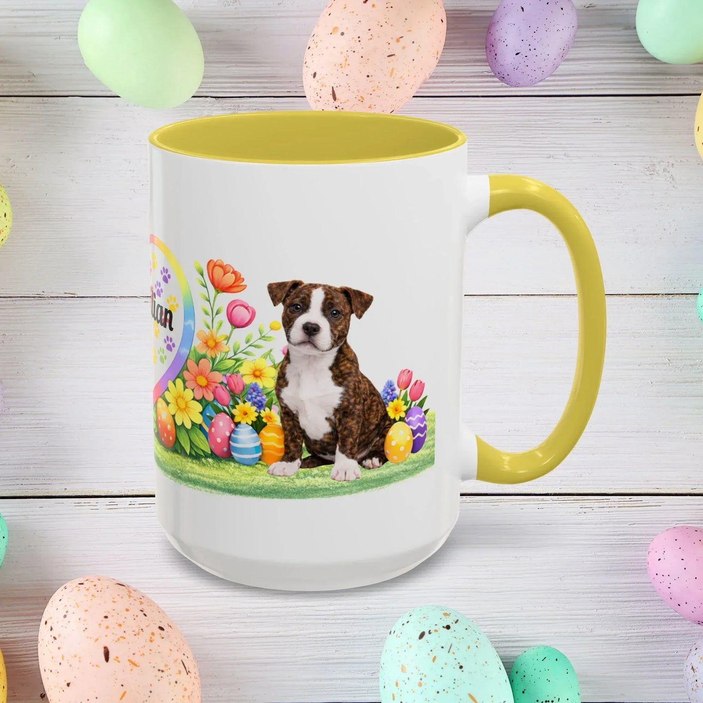 Shop our premium pitbull brindle white puppy easter mug from MySisterIsASurvivor.
