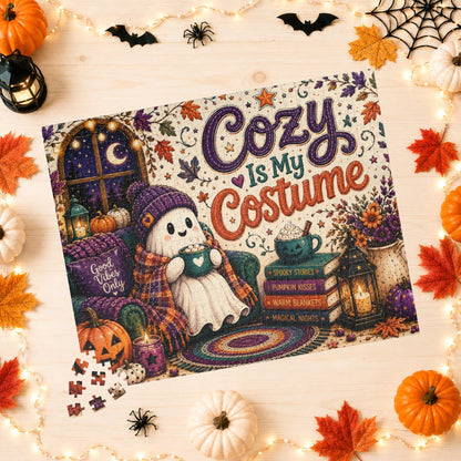 Cozy Is My Costume Halloween Puzzle - Ghost in Beanie with Good Vibes Pillow and Spooky Story Books