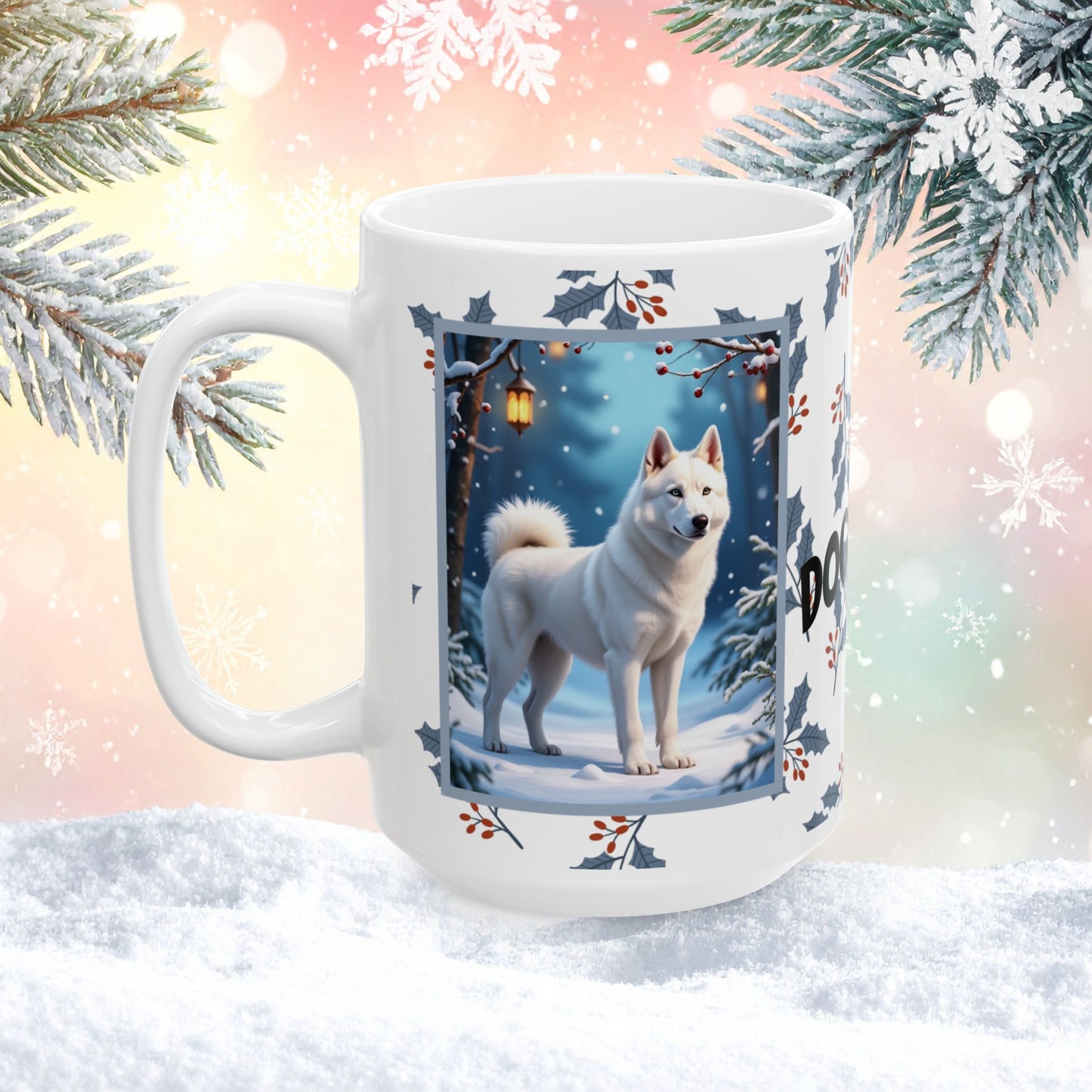 Husky (White) Winter Mug - white husky illustrated standing in a peaceful winter scene with snowy landscape