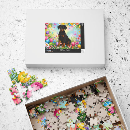 Doberman (Black & Rust) Easter Puppy Puzzle - Spring Garden with Eggs, Tulips, and Daisies