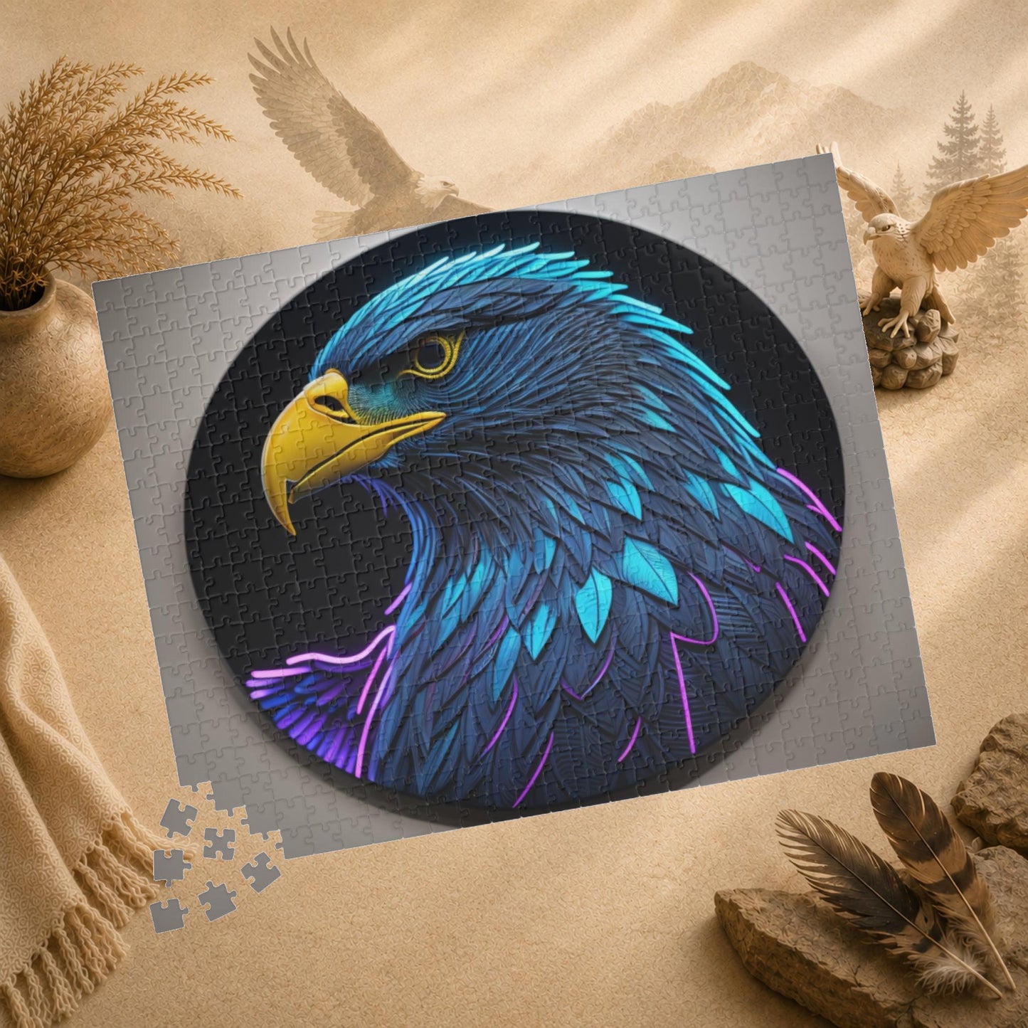 Eagle Vision Triumph - Neon Bald Eagle Portrait Puzzle with Teal and Purple Feathers on Dark Background