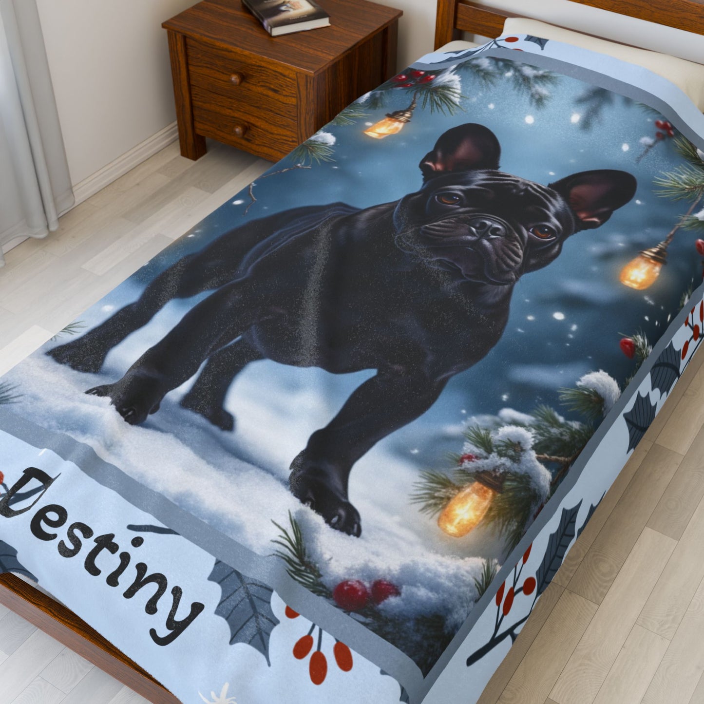 French Bulldog Black custom winter blanket featuring a charming Frenchie in a bright cozy lodge-style winter scene