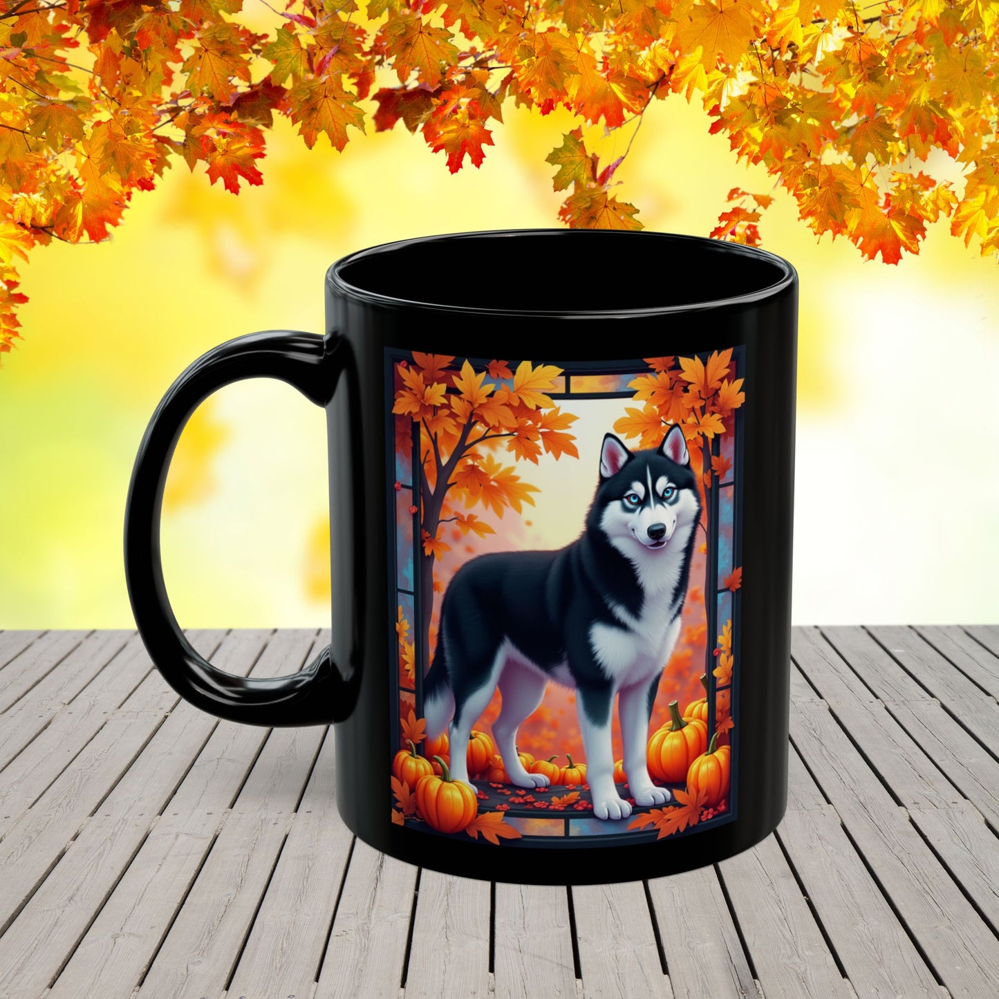 Black & White Husky (Blue Eyes) fall coffee cup, custom gift for Husky parents, dog lovers, or pet enthusiasts