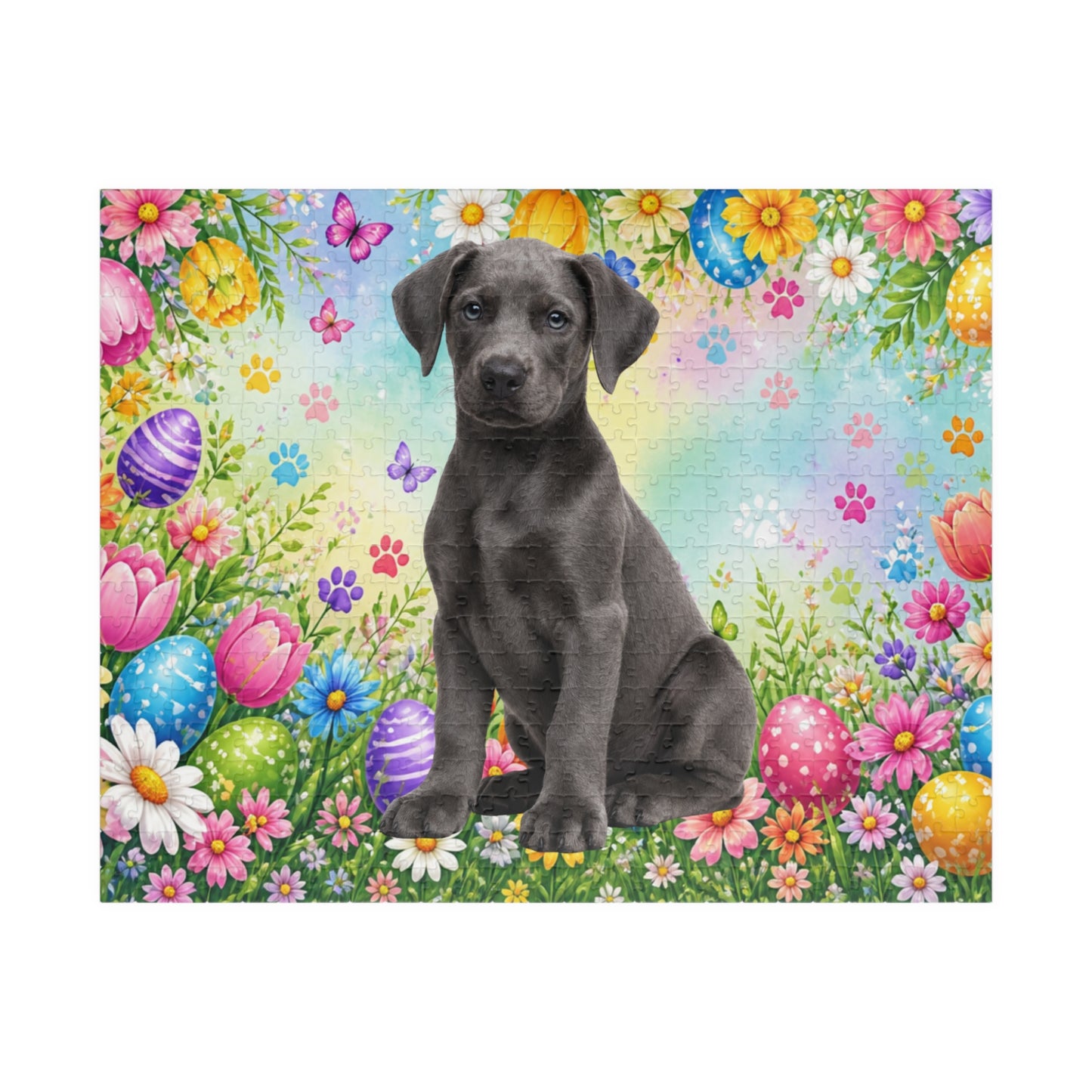 Doberman (Blue) Easter Puppy Puzzle - Colorful Spring Garden with Eggs and Blooms