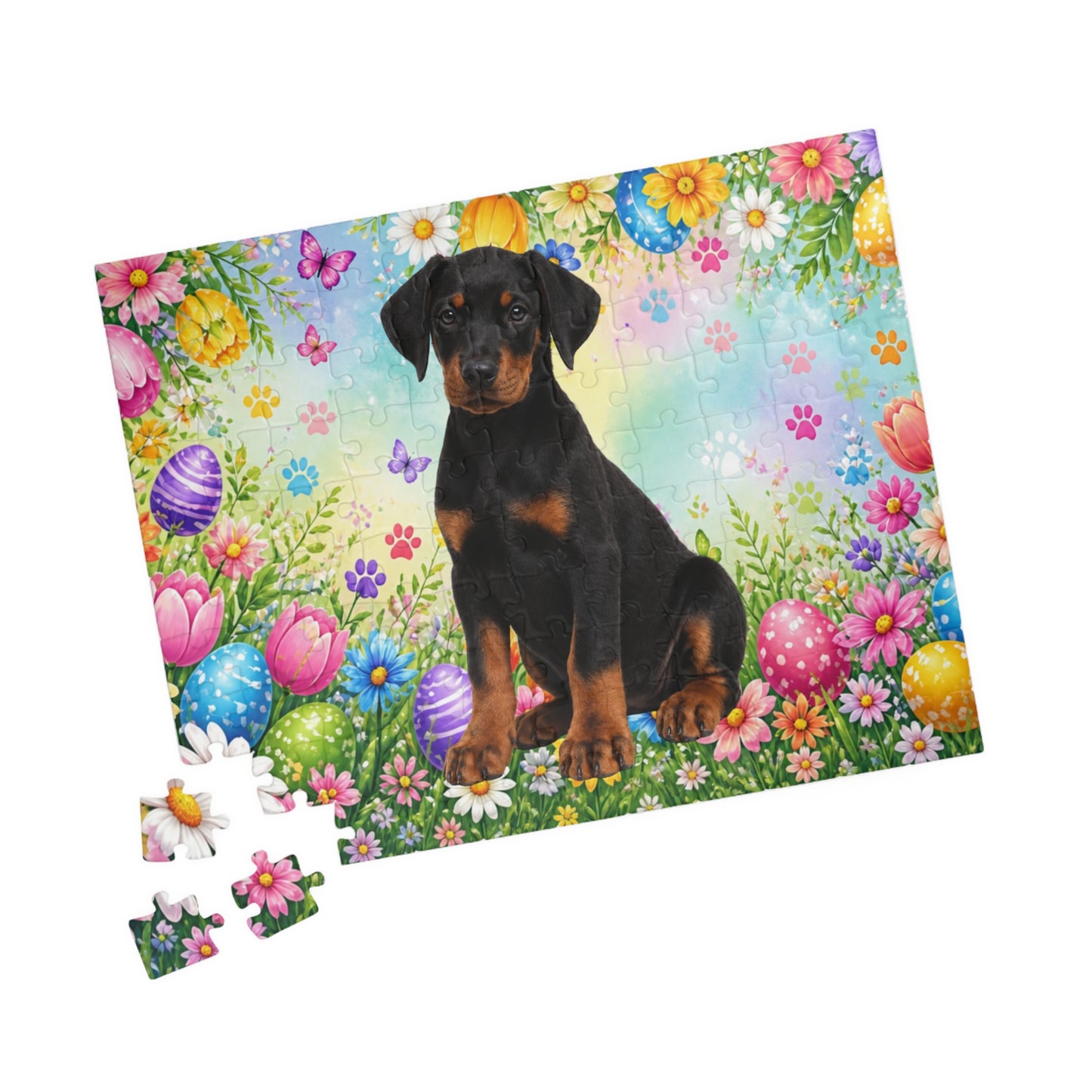 Doberman (Black & Rust) Easter Puppy Puzzle - Spring Garden with Eggs, Tulips, and Daisies