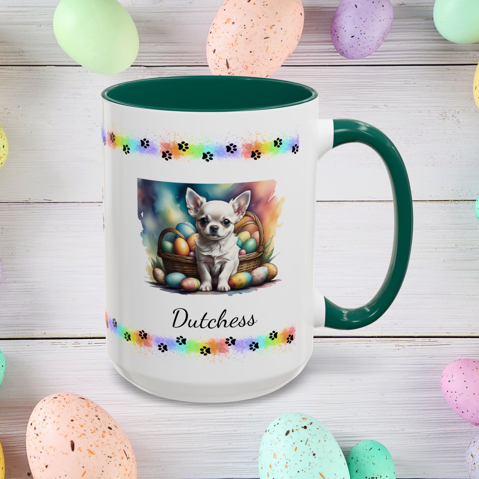 Chihuahua (White): Personalized Easter Puppy Coffee Mug - Adorable Dog Design, Mental Health Gift, 11oz & 15oz, 12 Color Choices, Easter Gifts & Décor