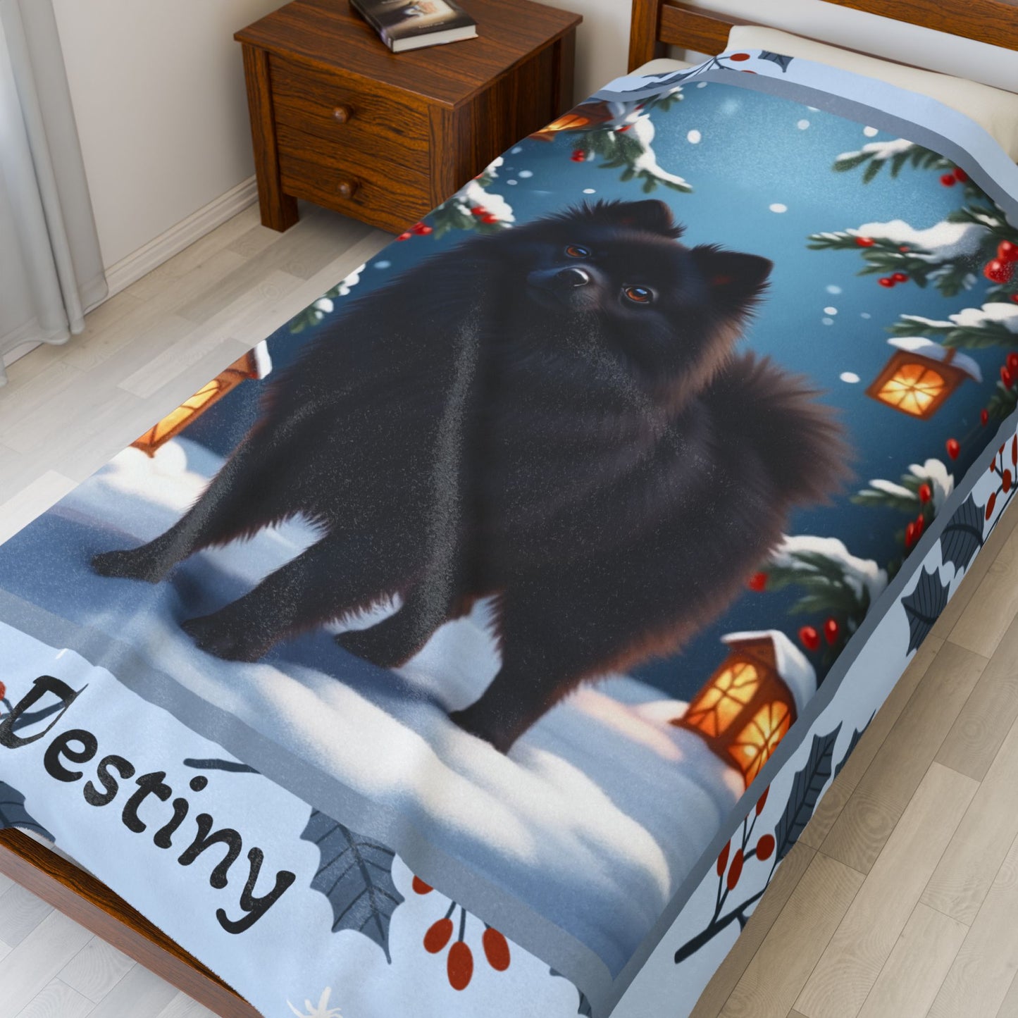 Pomeranian Black personalized winter throw with fluffy black Pom artwork in a bright snowy lodge scene