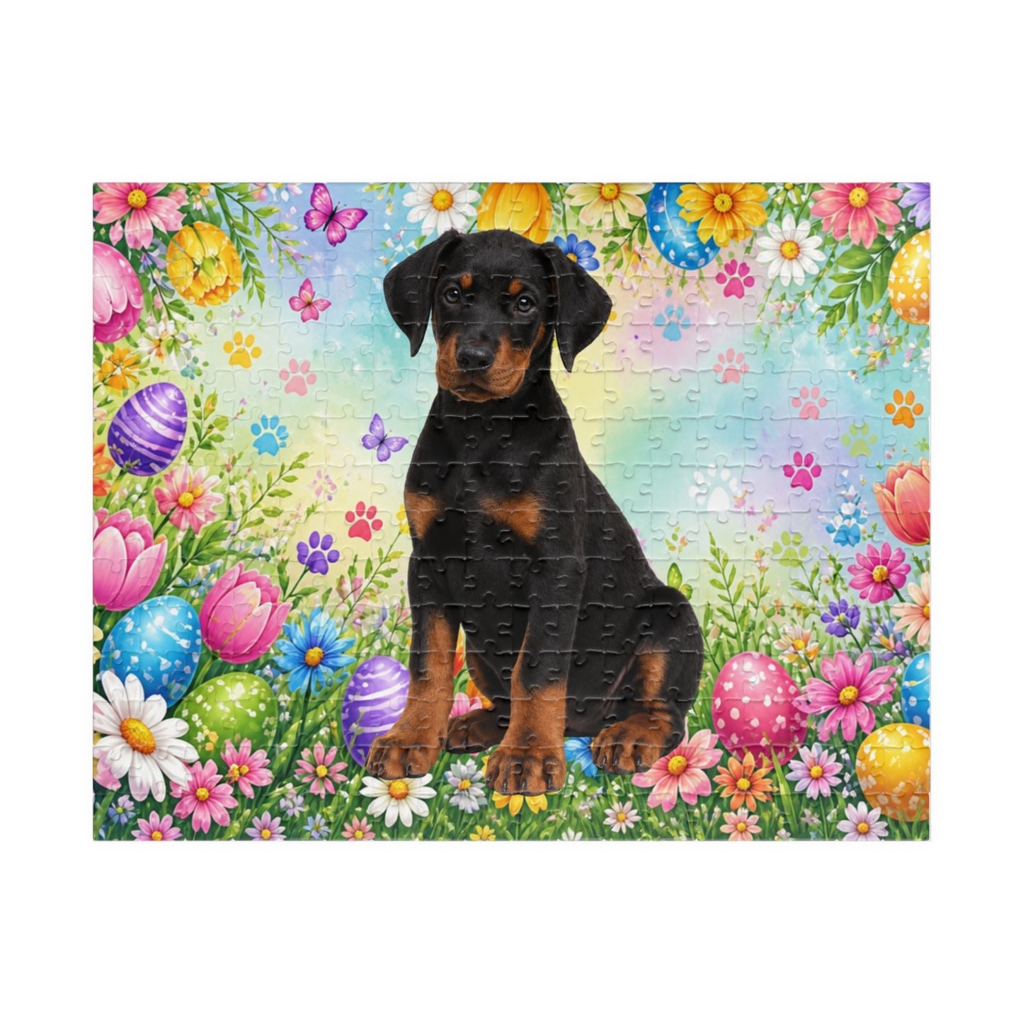 Doberman (Black & Rust) Easter Puppy Puzzle - Spring Garden with Eggs, Tulips, and Daisies