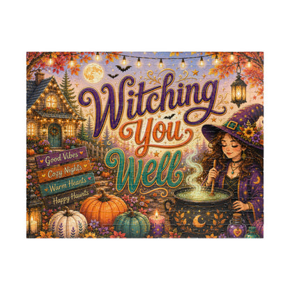 Witching You Well Halloween Puzzle - Witch Stirring Cauldron with Pumpkins, Full Moon, and Cottage