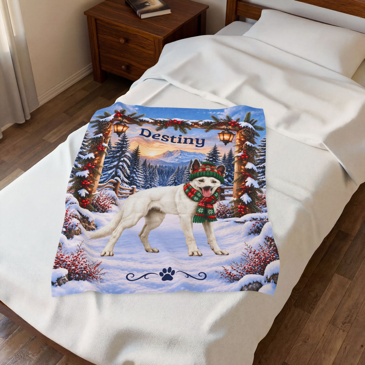 Belgian Malinois (White Coat) - Custom Pet Name Velveteen Blanket, Snowy Forest Gift for Mali Lovers