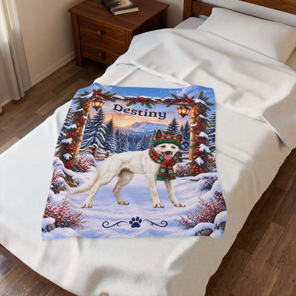 Belgian Malinois (White Coat) - Custom Pet Name Velveteen Blanket, Snowy Forest Gift for Mali Lovers