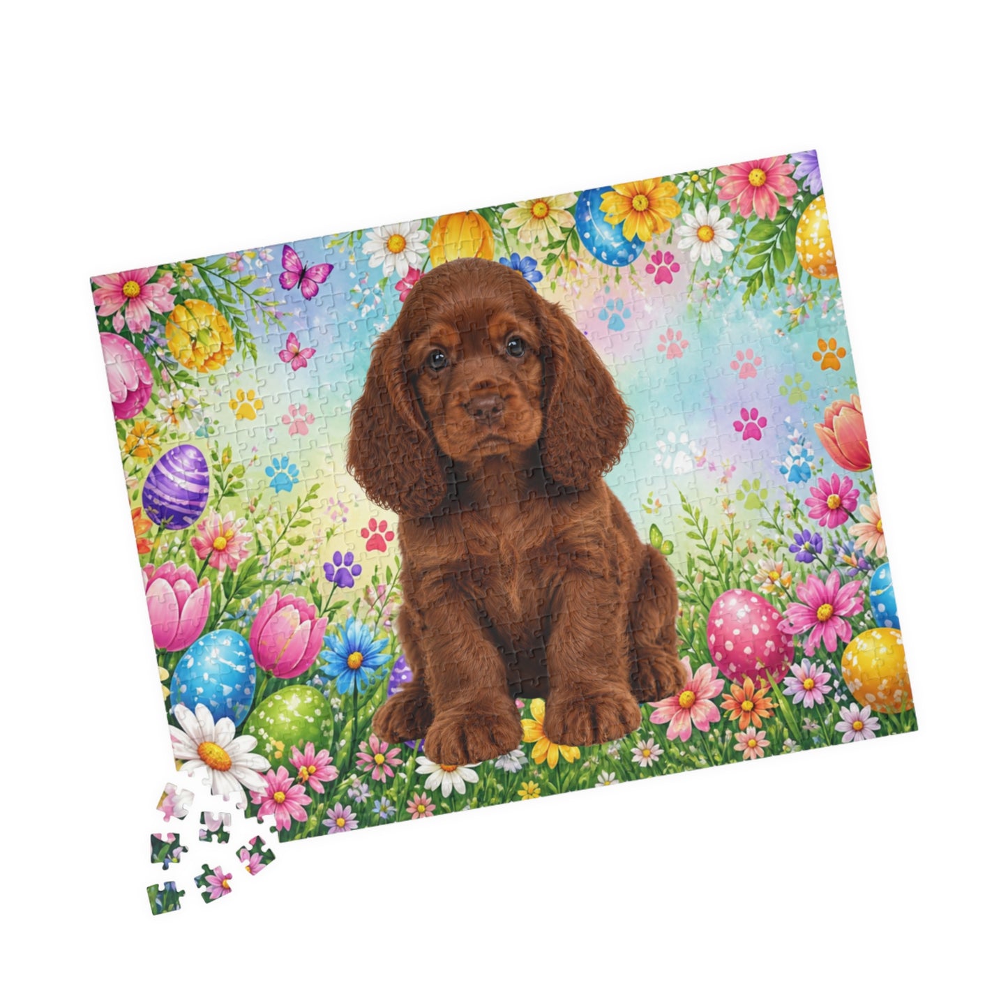 American Cocker Spaniel (Liver) Easter Puppy Puzzle - Spring Garden with Eggs, Tulips, and Daisies