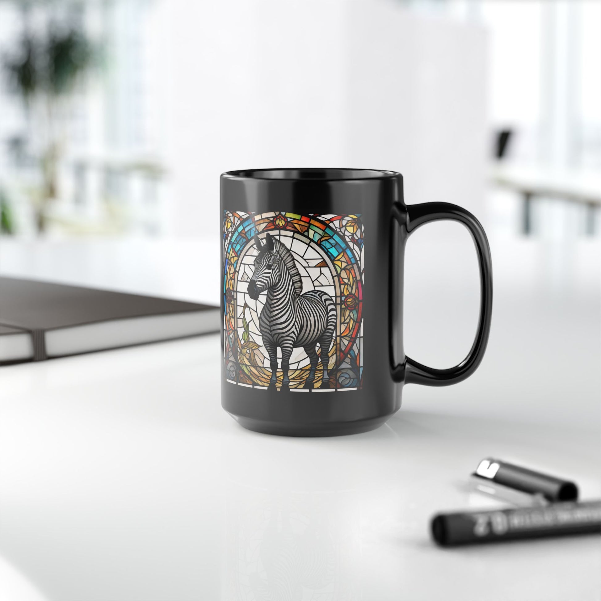 Zebra personalized mug with stained glass zoo animal design, black ceramic wildlife coffee cup.