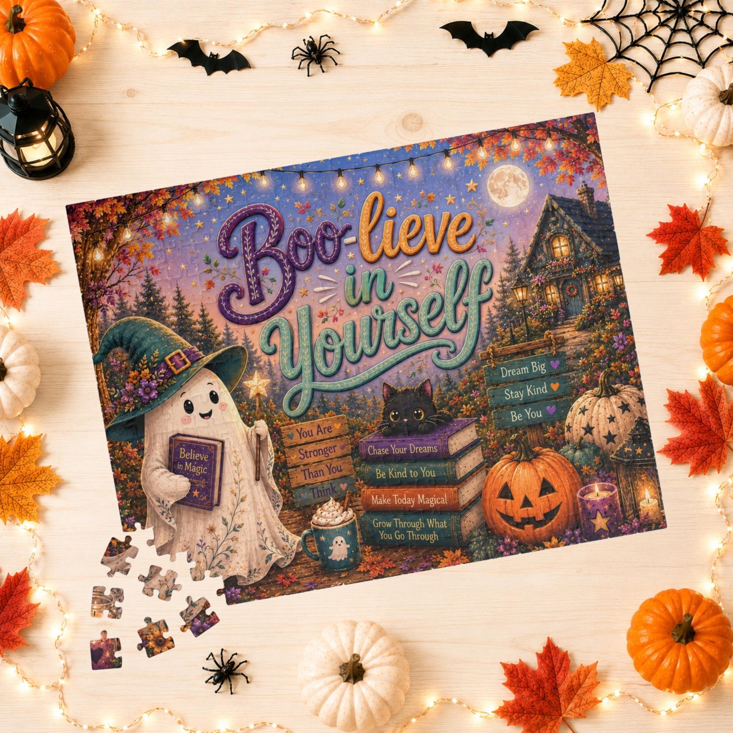 Boo-lieve in Yourself Halloween Puzzle - Ghost with Believe in Magic Book, Black Cat, and Affirmation Books