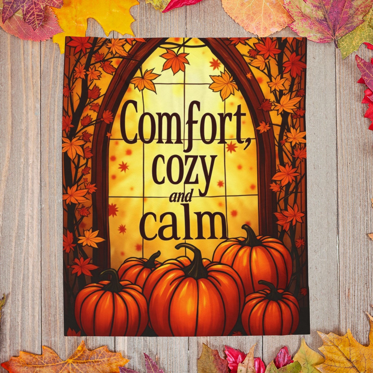 Velveteen blanket reading “Comfort, Cozy, and Calm,” relaxing fall self-care design in soft warm tones.