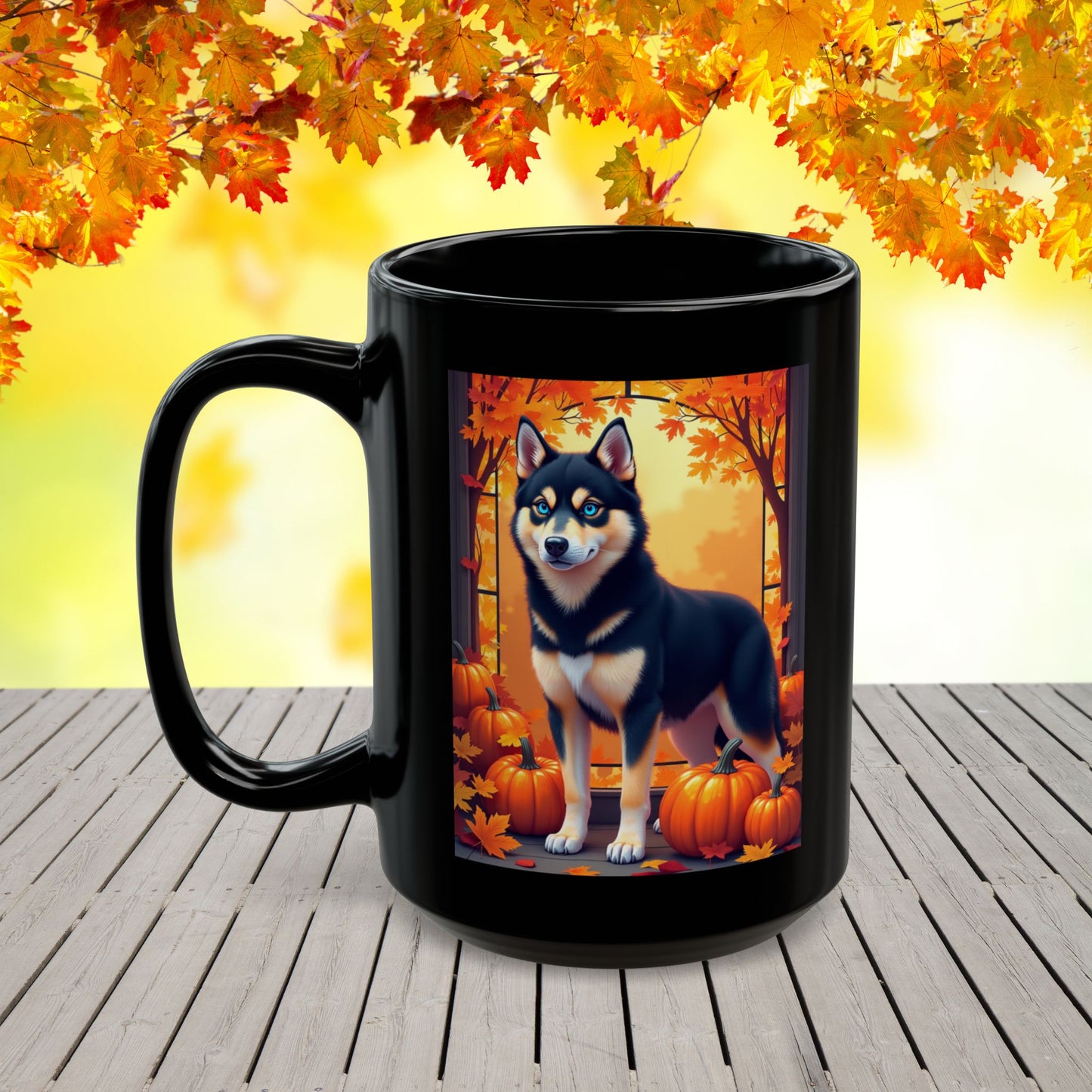Black & Tan Husky (Blue Eyes) fall coffee mug, custom Husky lover gift for home, office, or seasonal drinks