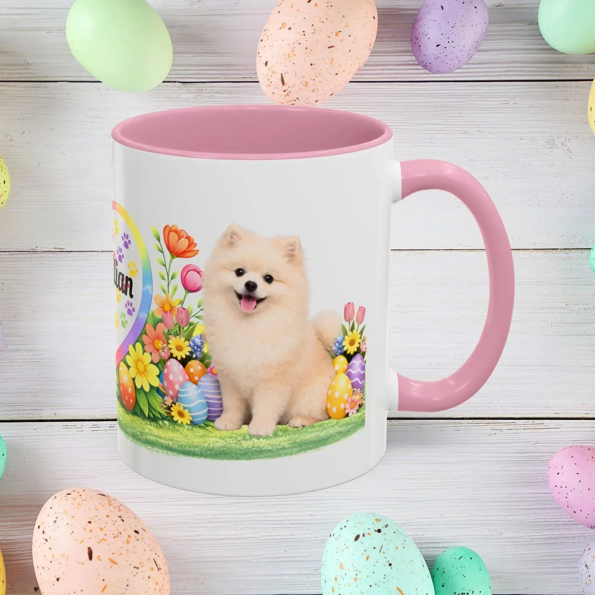 Shop our pomeranian cream puppy easter mug featuring the 11oz style option from MySisterIsASurvivor.