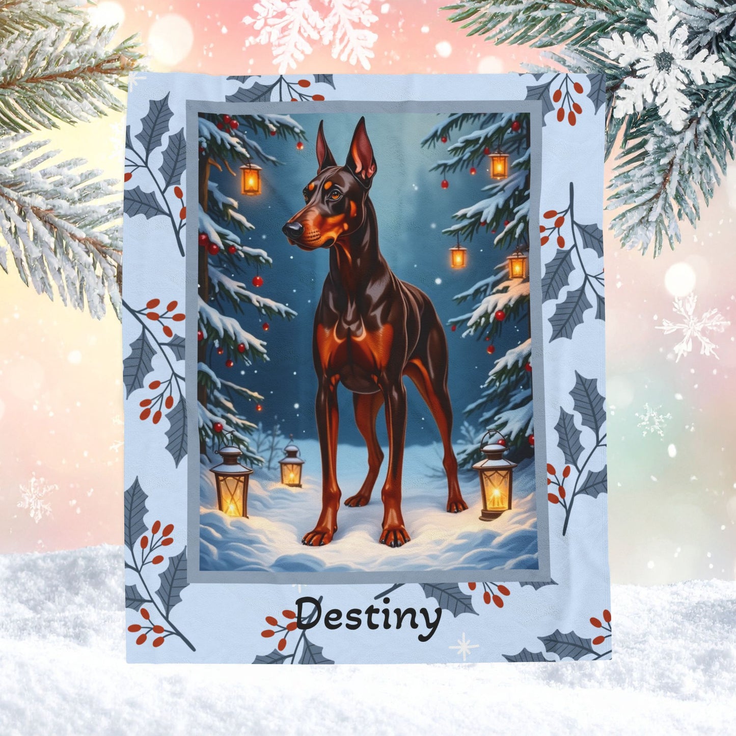 Doberman Red and Rust personalized winter blanket with bold Doberman art and cozy glowing winter lodge details